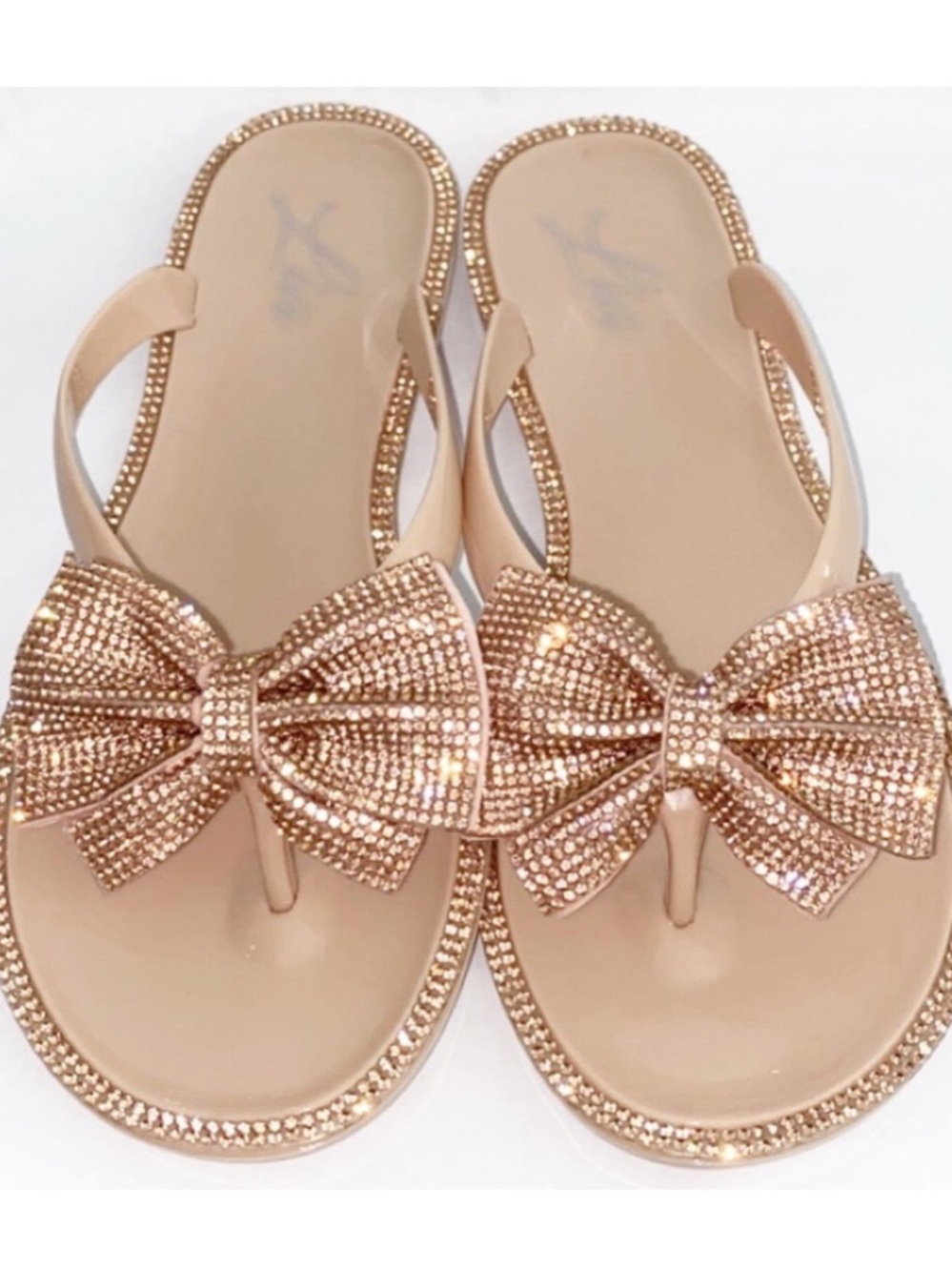 Bridal Honeymoon Bow Shoes 8 Waterproof Flops Tan Rhinestone Jelly Thong Gold